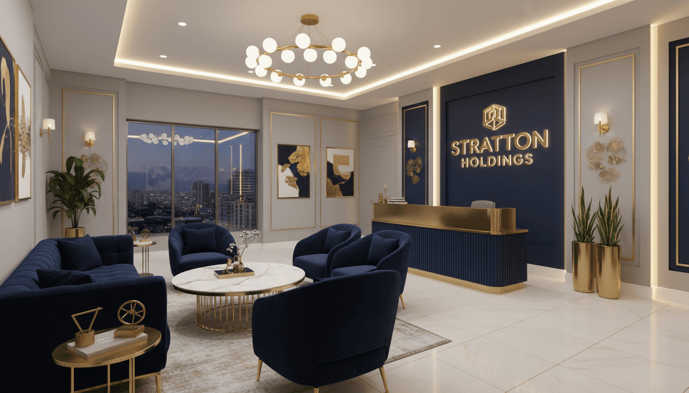 Elegant modern office interior with navy blue and gold accents