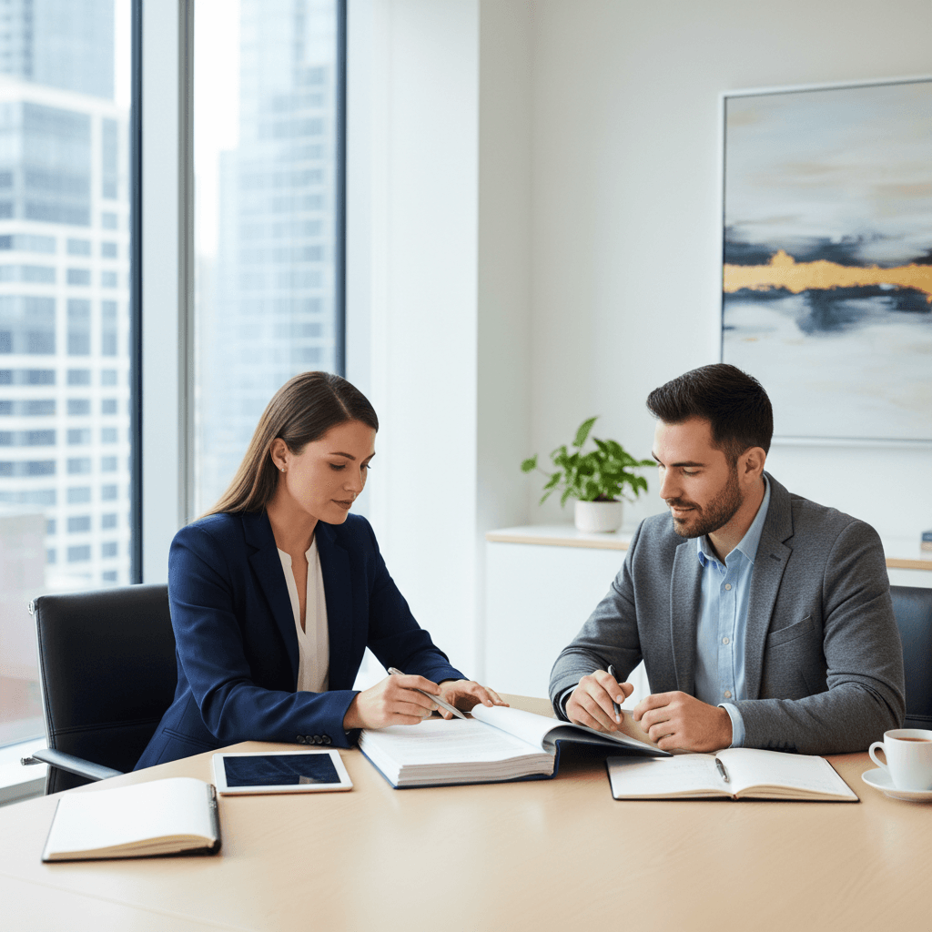 Professional property manager reviewing lease with tenant