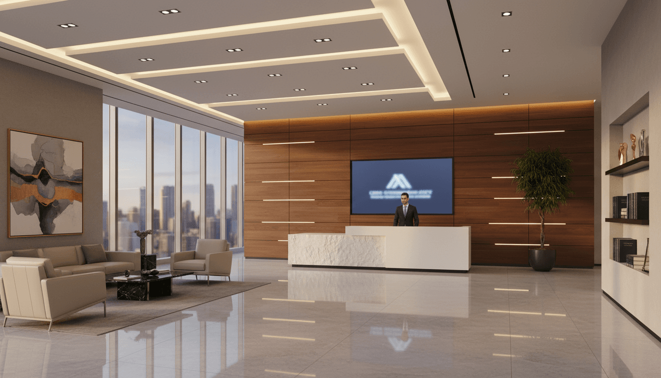 Elegant corporate lobby with navy blue and gold finishes