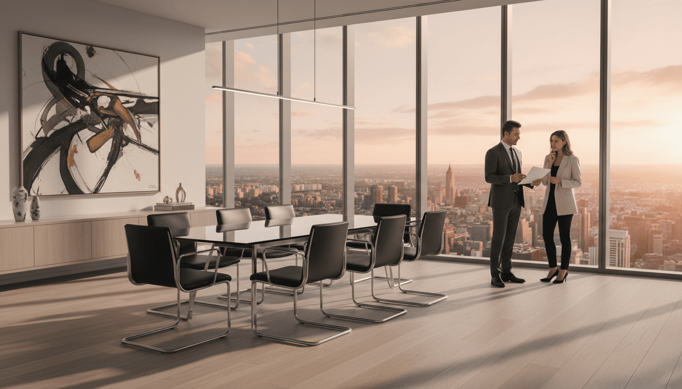 Elegant corporate office with navy blue and gold design