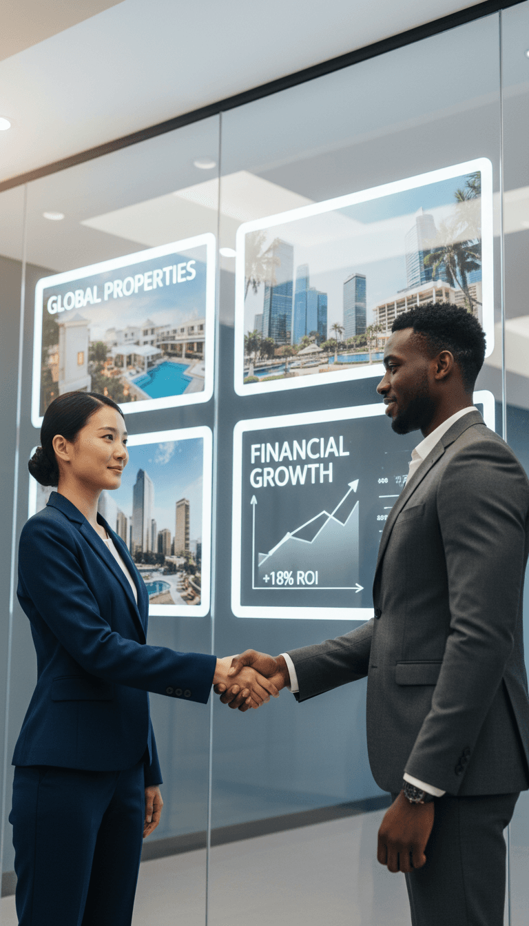 Two investment partners shaking hands with property portfolio and financial charts displayed on glass wall behind them