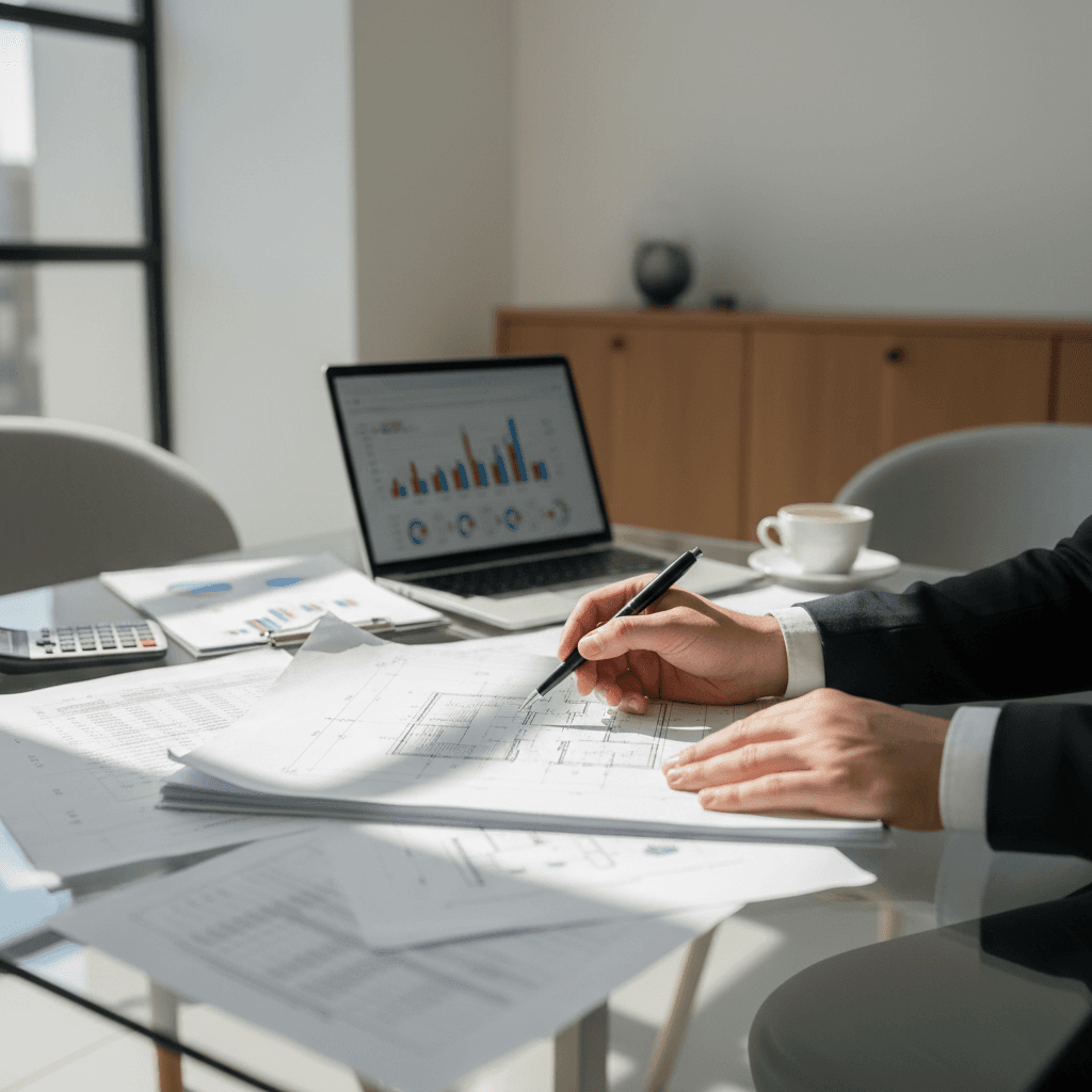 Investor reviewing property documents at a desk
