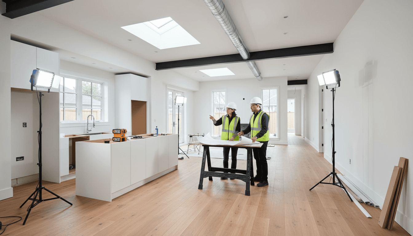 Diverse contractors discussing renovation plans in spacious residential interior with new flooring, cabinetry, and natural skylighting