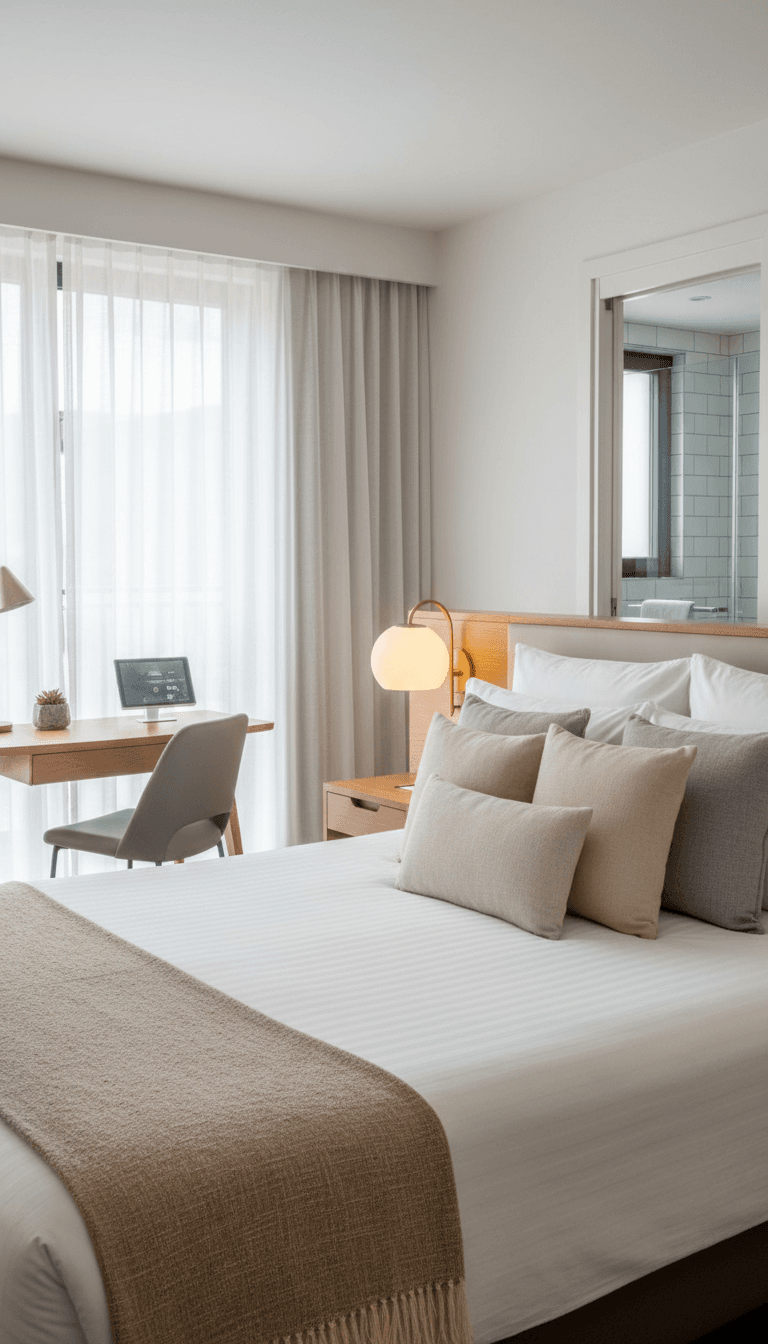 Clean, comfortable guest room with made bed, work desk, and ensuite bathroom visible, featuring warm lighting and neutral décor