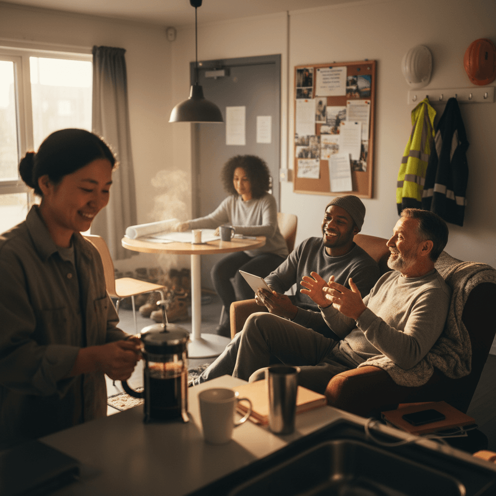 Diverse construction workers relaxing in shared common area, making coffee and conversing in warm, welcoming accommodation lounge