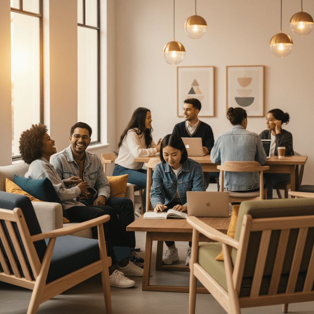 Diverse young guests socializing and laughing together in modern hostel common lounge area