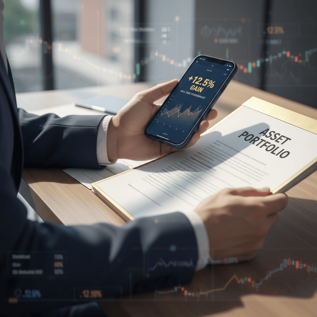 Investor's hands reviewing physical portfolio documents and digital investment performance metrics on smartphone