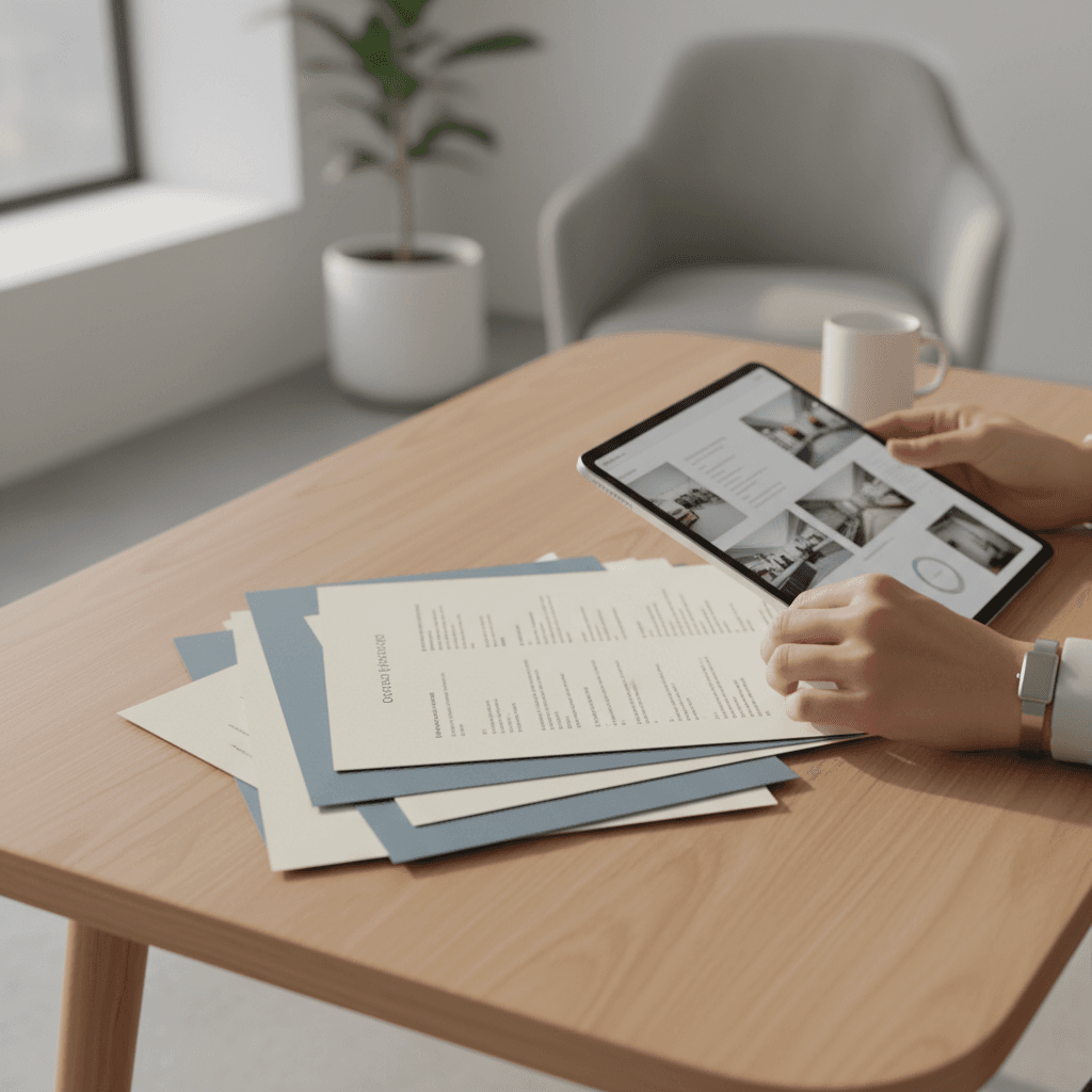 Property portfolio documents on polished desk