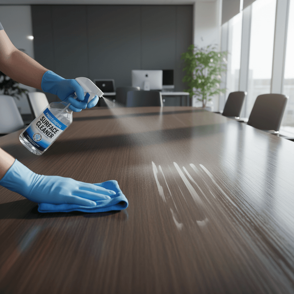 Overhead view of technician spraying and wiping conference table with professional cleaning solution and cloth