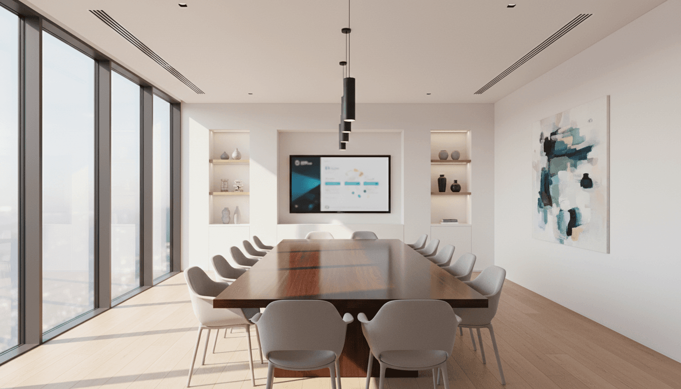 Elegant meeting room with navy and gold decor