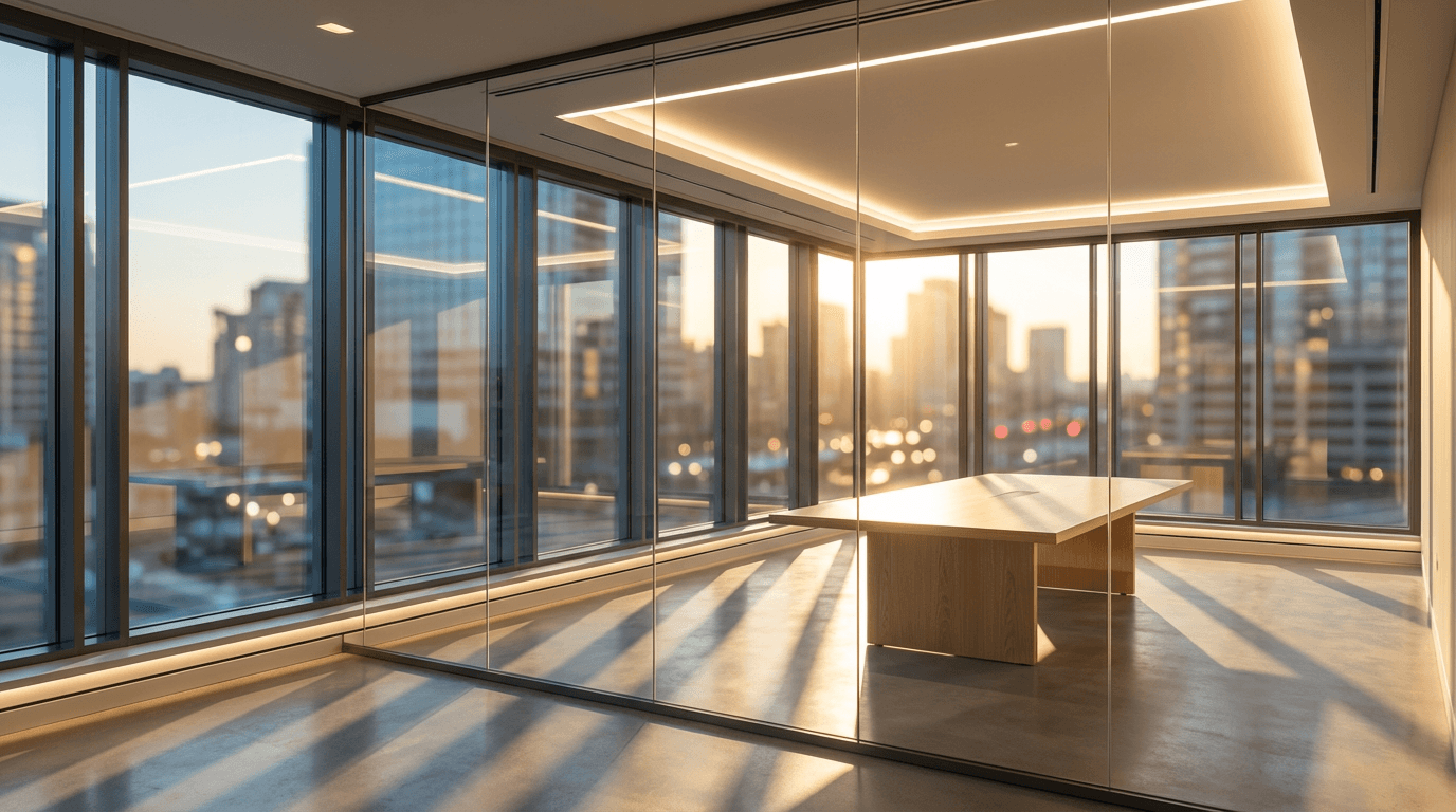 Modern professional meeting room with navy blue accents and warm gold lighting
