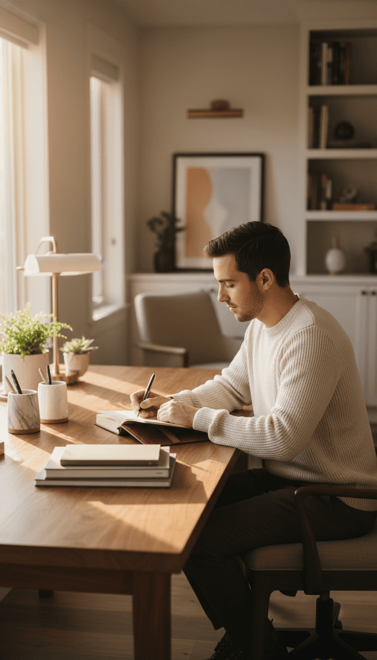 Leather notebook and pen on a desk