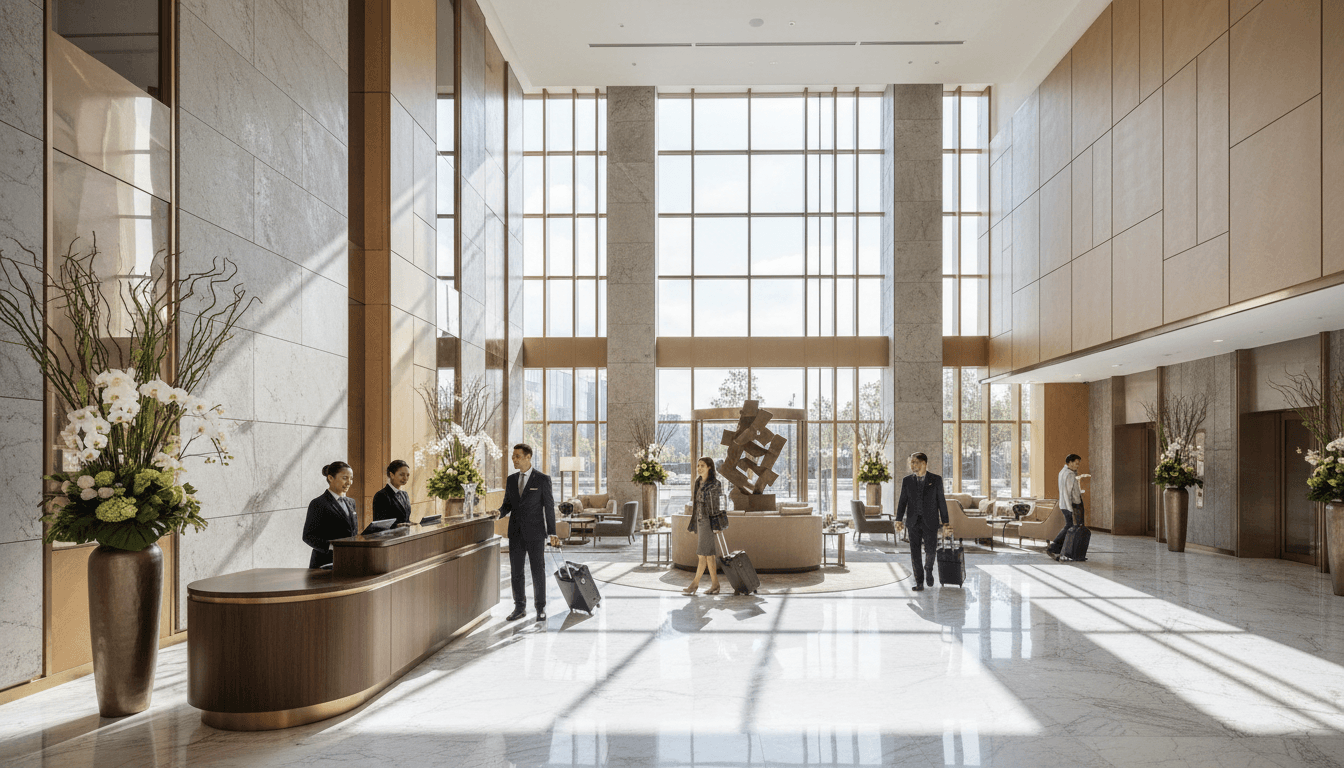 Elegant property lobby with marble floors and refined interior design