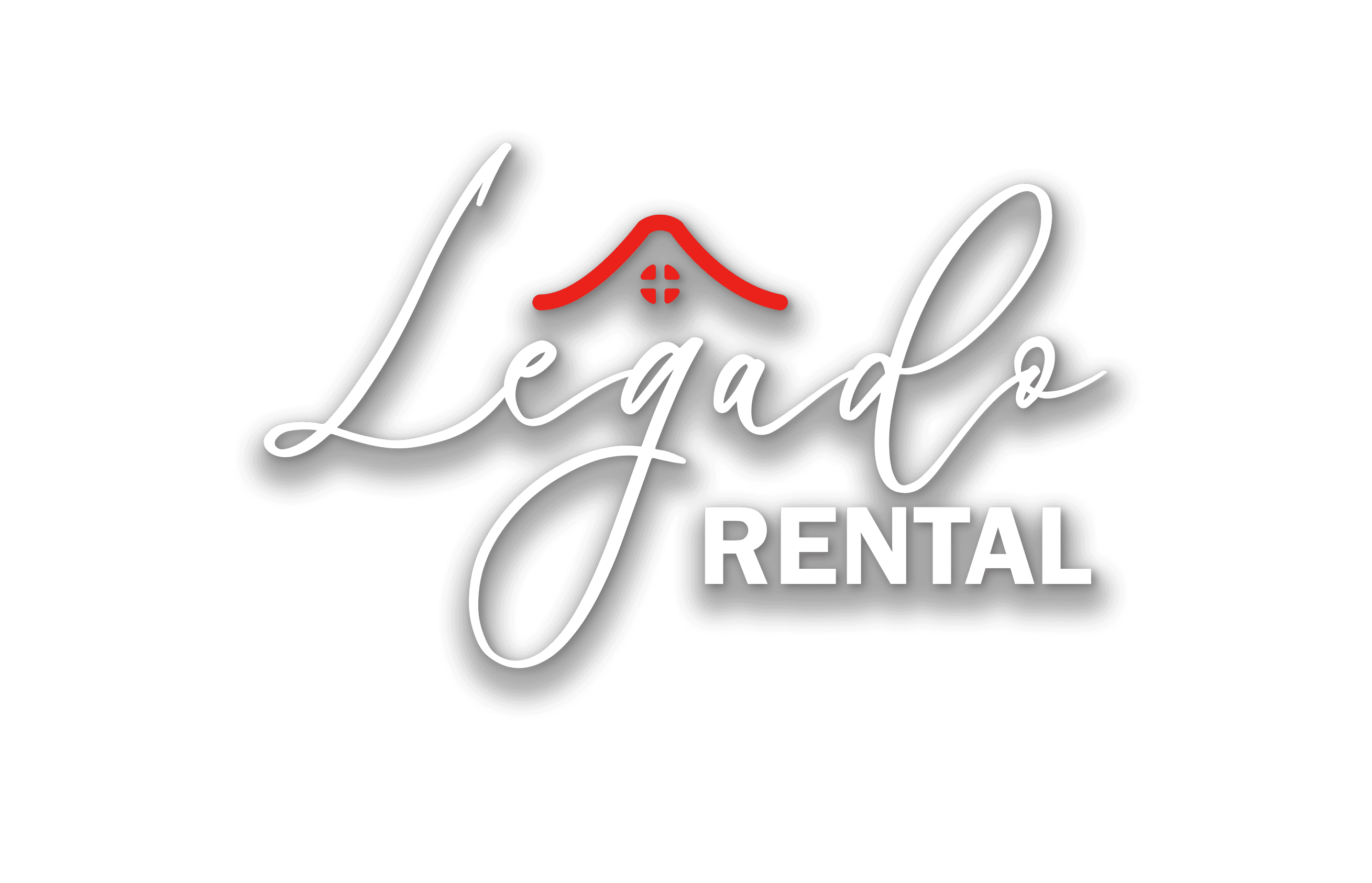 Legado Rental logo with white script text, block lettering, and a red roof icon.
