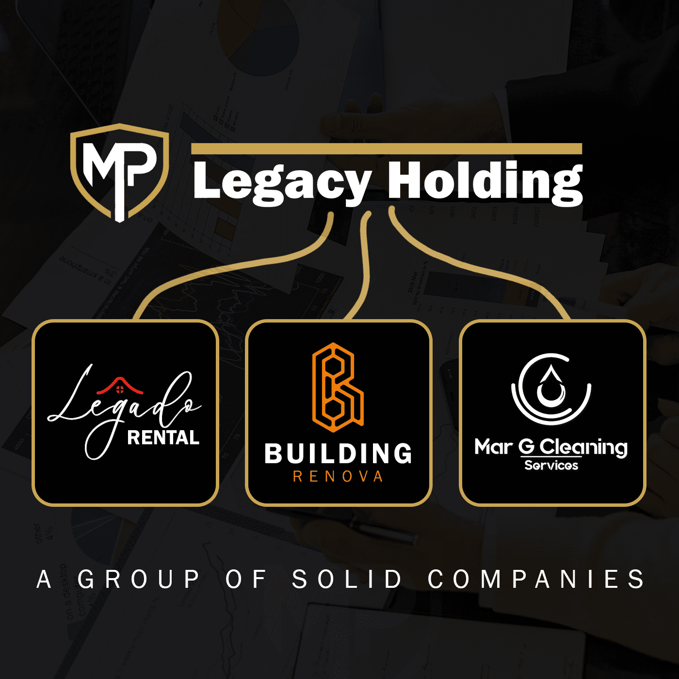 Legacy Holding logo branching to Legado Rental, Building Renova, and Mar G Cleaning Services.